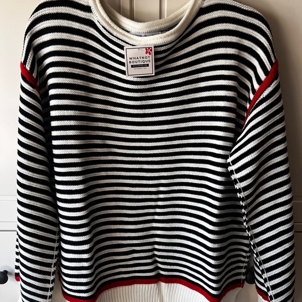 Whatnot Boutique Black & White Striped Crew Sweater with Red Trim